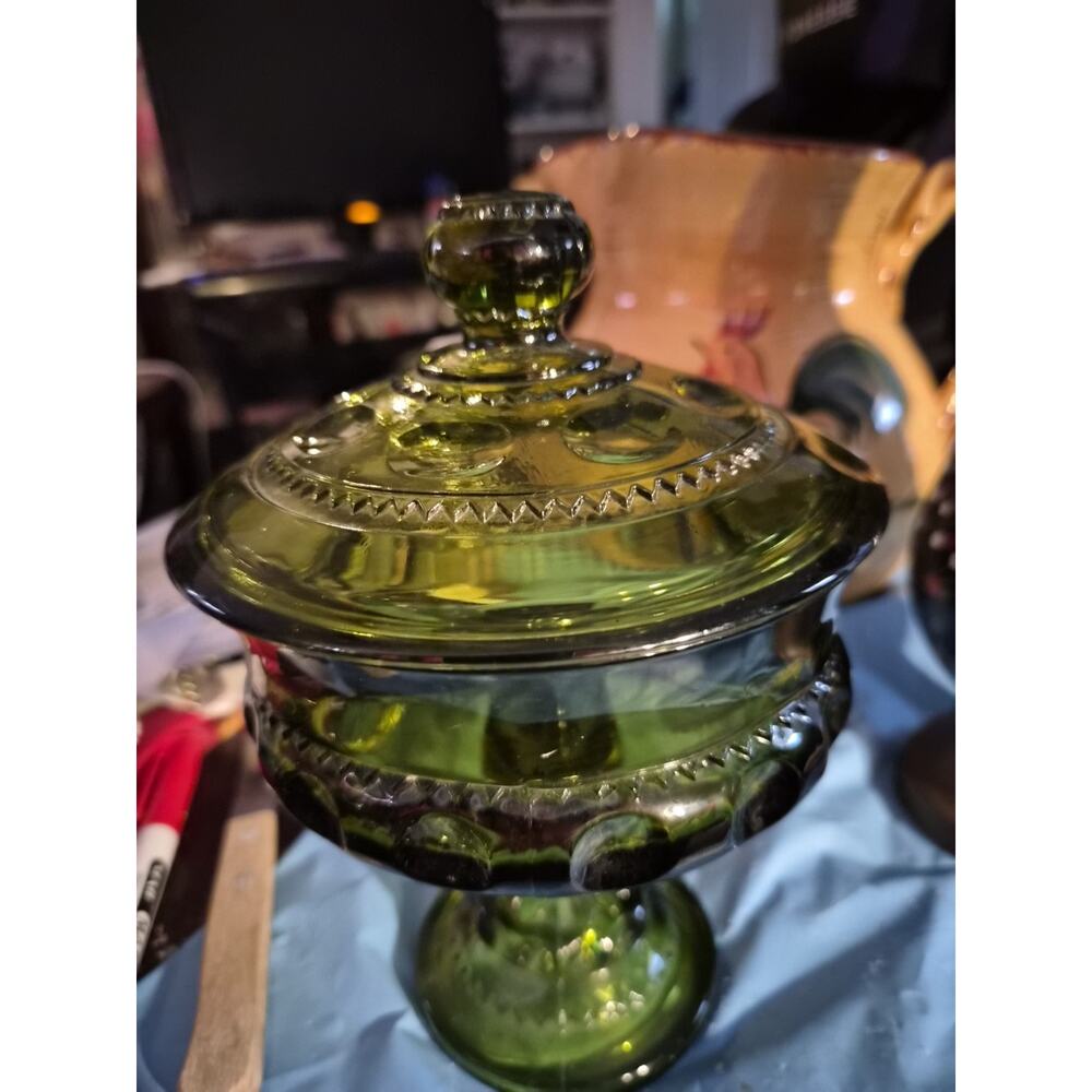 Vintage Indiana Glass Olive Green Kings Crown Thumbprint Pedestal Candy...